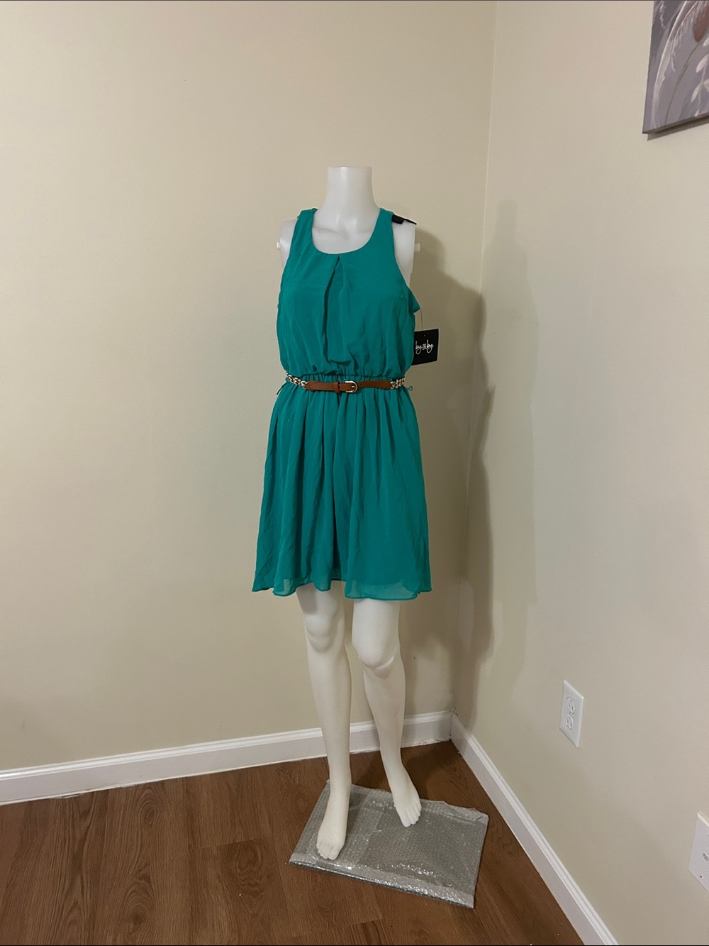 by & by Teal Sleeveless Chiffon Mini Dress with Brown Belt